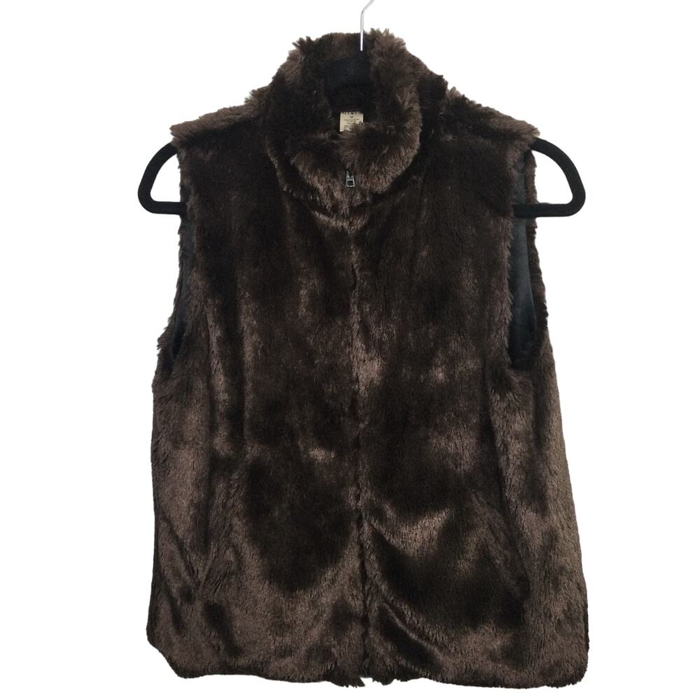 Mixit Mob Wife Retro Mock Neck Faux Fur Full Zip Slash Pocket Brown Vest M